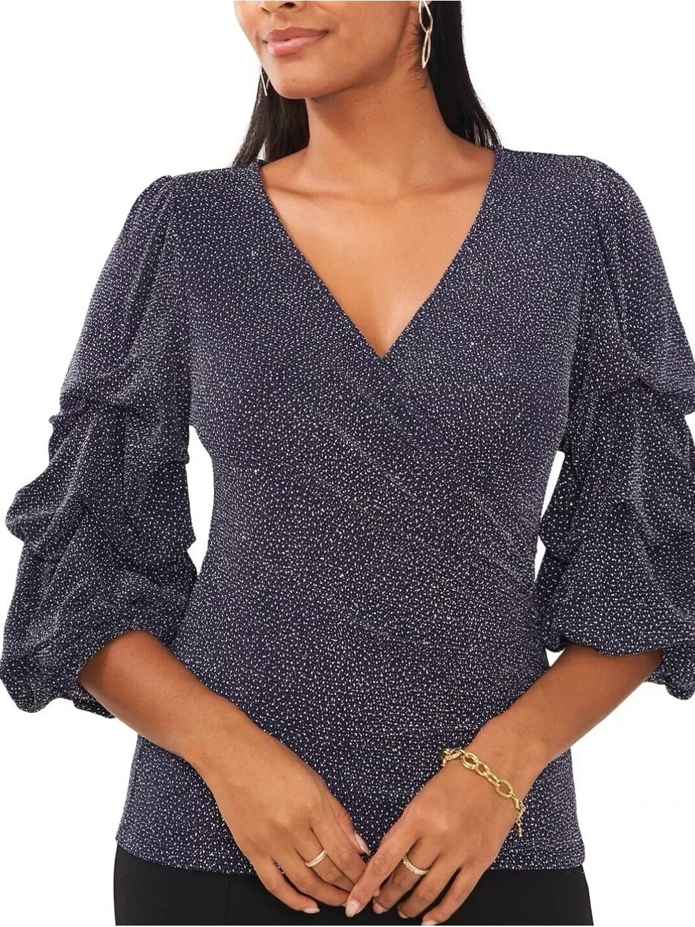 MSK Women's PXL Navy Glitter V-Neck
3/4 Puff Sleeve Knit Blouse